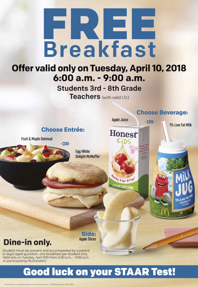 Free Breakfast for STAAR Test at McDonald's 365 Houston