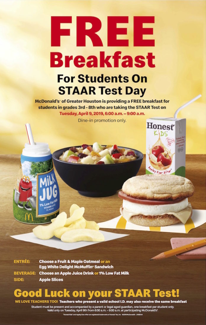 Free Breakfast for STAAR Test at McDonald's 365 Houston