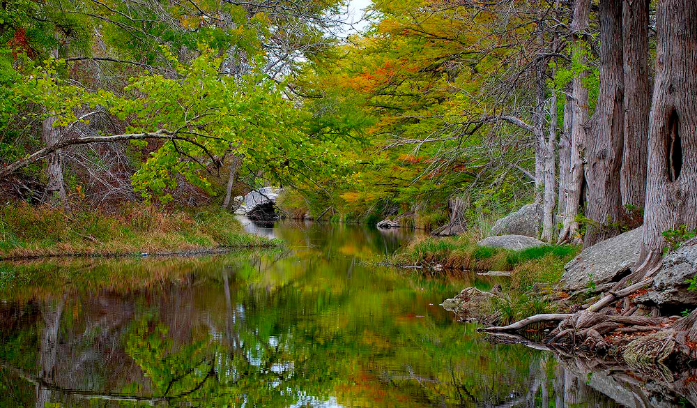 A look downriver, flanked by trees and grass in fall colors, with a bridge in the distance.