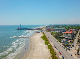 An aerial view of Pleasure Pier and the Seawall