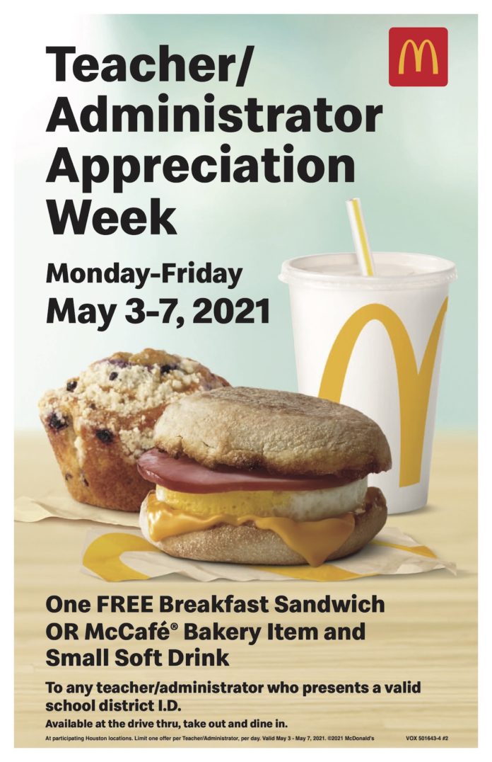 Free Breakfast for Teachers at McDonald’s 365 Houston