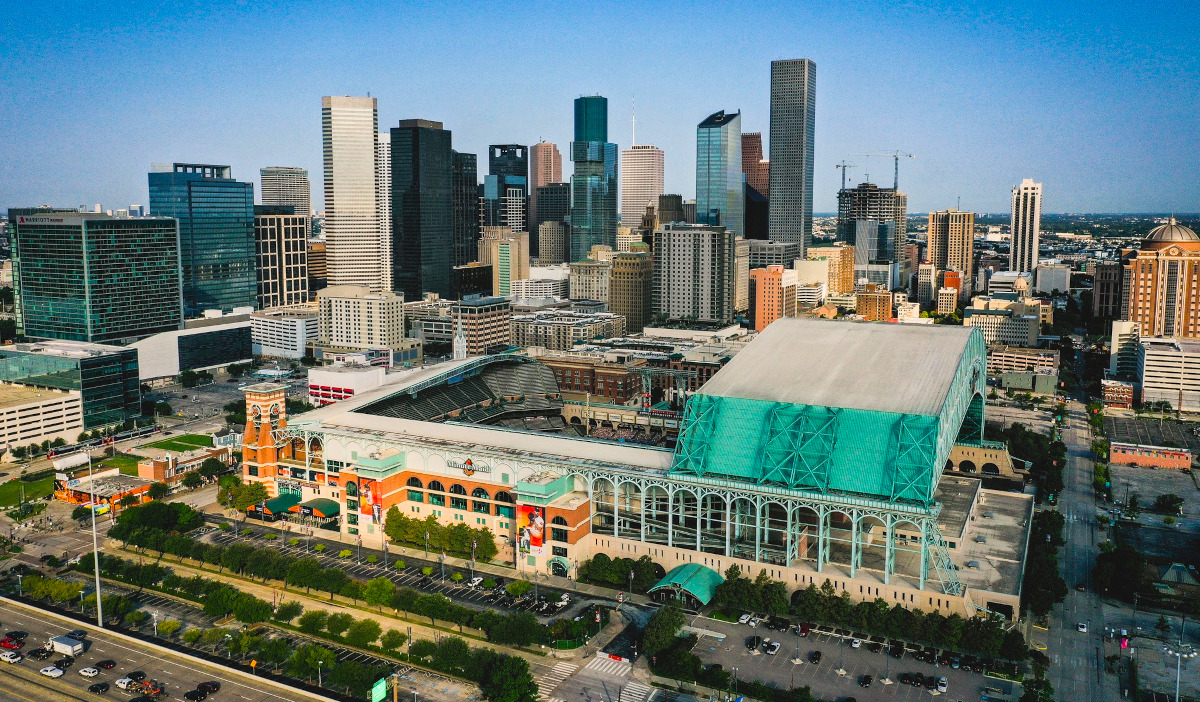 aerial photograph of the Houston Texas Minute Maid Park home to Astros  baseball stadium, Houston, Texas, Aerial Archives