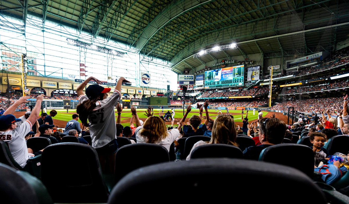 Houston Texans Houston Rockets Everything - View from Crawford Boxes!!  Looks like the Bad Bunny concert at Minute Maid Park a few days ago left  the playing conditions for tonight's game less