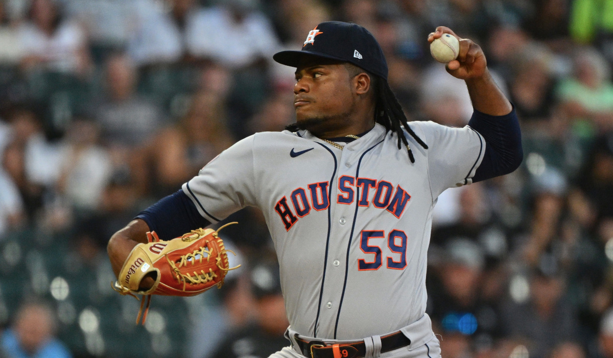 Houston Astros pitcher Framber Valdez signs autographs before Game