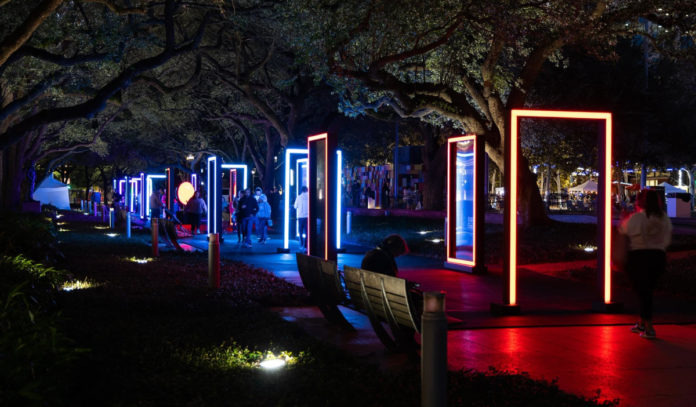 Lighted frames on the Discovery Green walkways as part of the Solstice installation