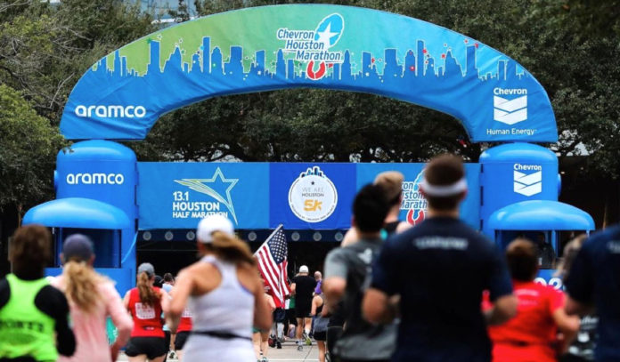 Runners head to the finish line of a marathon