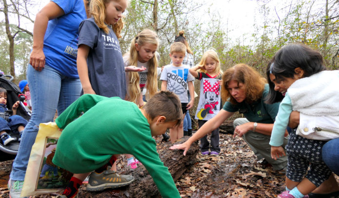 Kids gather around with a Houston Arboretum worker and a tree