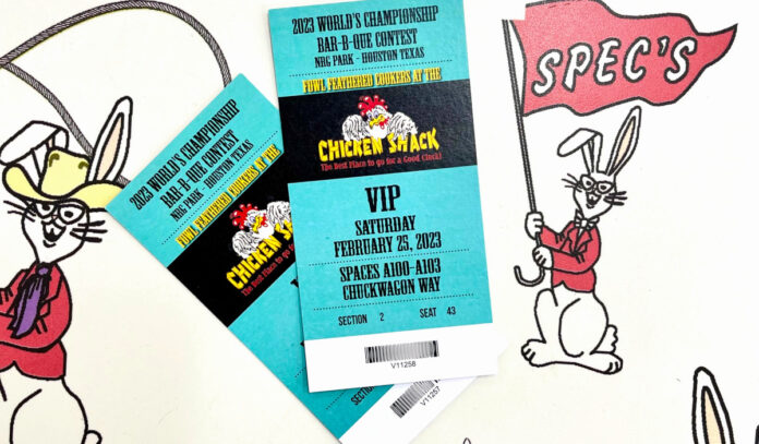 Two VIP tickets for a BBQ contest with a backdrop of the Spec's rabbit mascot in a cowboy hat