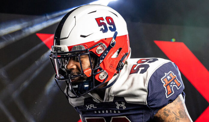 A close shot of a player in Houston Roughnecks uniform