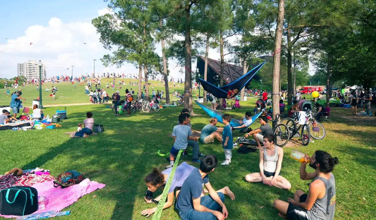 Groups of people relax under shaded trees while others fly kites in the distance