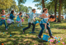 25+ Easter Events in Greater Houston Kids run through grass while stooping to pick up Easter Eggs