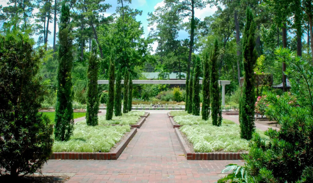 A section of walking paths through manicured gardens