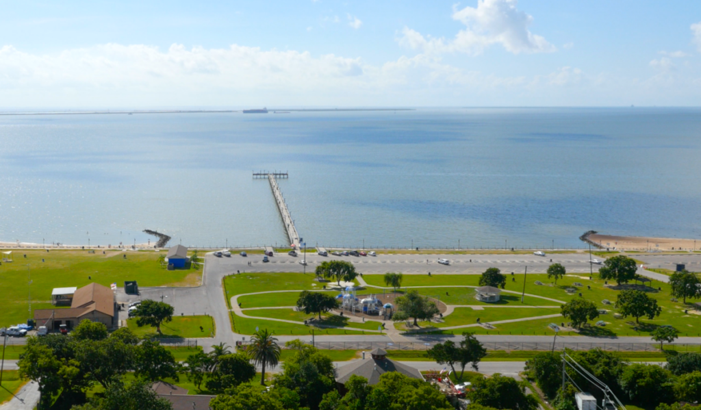 An aerial view of the Sylvan Beach fishing pier and grounds