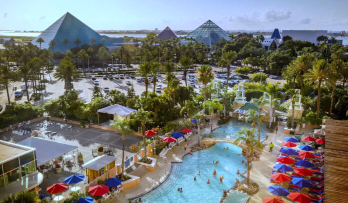 An aerial view of Moody Gardens pyramids and a swimming pool