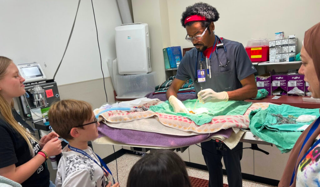 Kids watch as a veterinarian performs a procedure on an animal