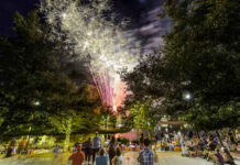 Memorial Day Tributes, Celebrations & Events in Greater Houston Red and white fireworks explode over a crowd of onlookers at a public park