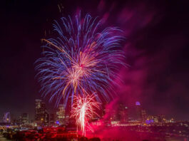 Fireworks exploding over the Downtown Houston skyline