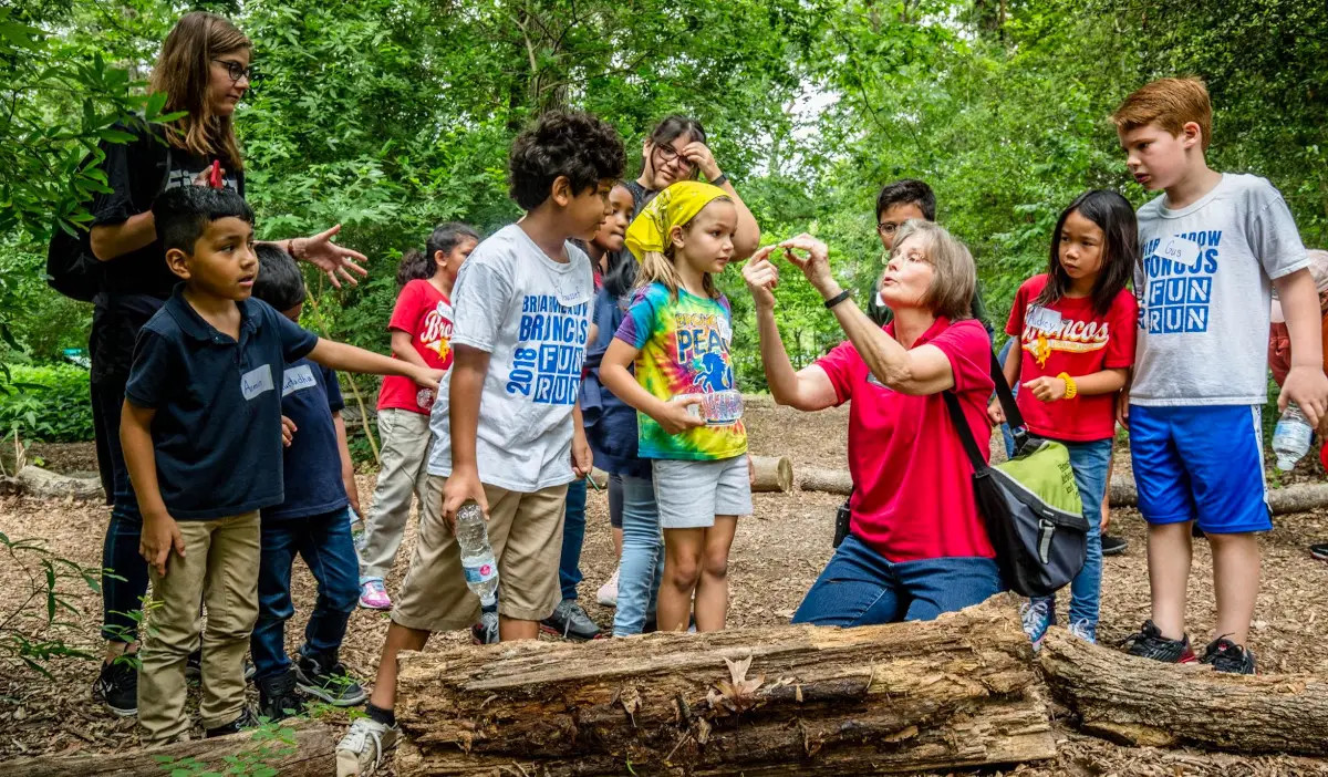 An Arboretum guide shows a piece of tree to gathered kids
