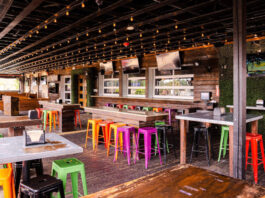 The covered outdoor patio at Prospect Park with rows of colorful seating