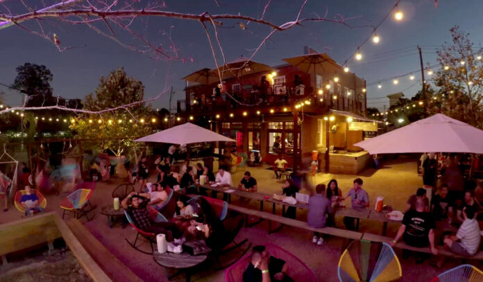 The backyard at Axelrad Beer Garden at night from above