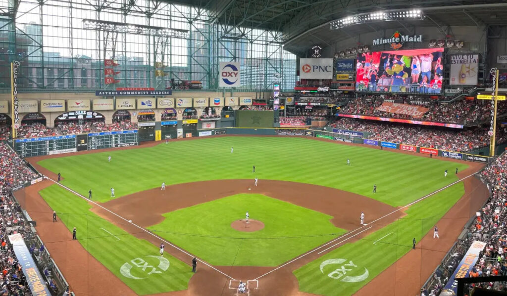 A view of Minute Maid Park from upper deck, behind home plate