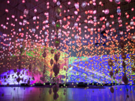 Strands of LED lights hang in the foreground with massive wall-sized projections in the background