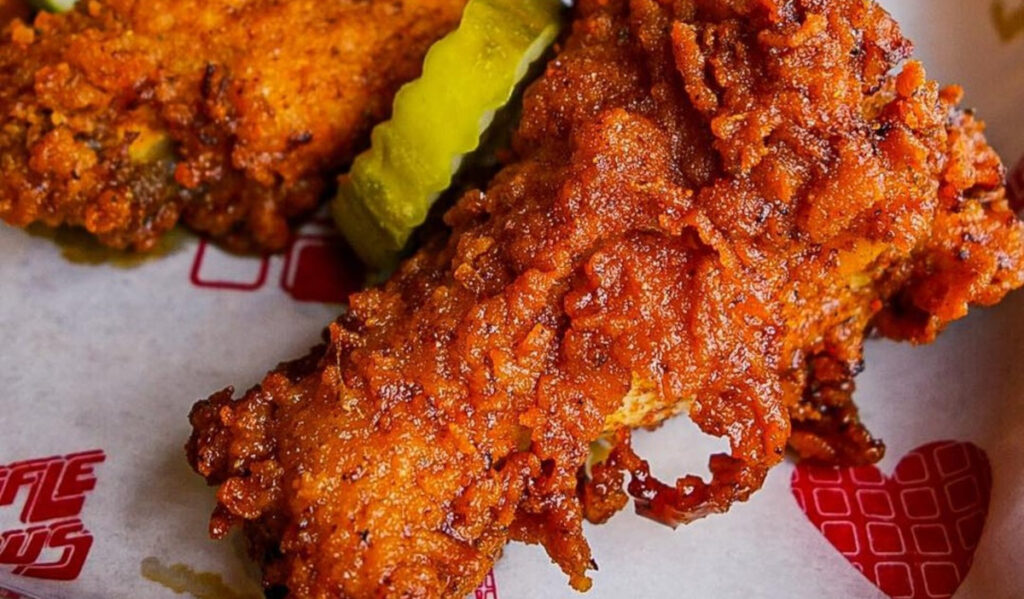 A close-up of fried hot chicken