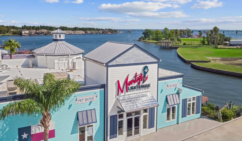 An aerial view of Monty's Lighthouse restaurant on Lake Conroe