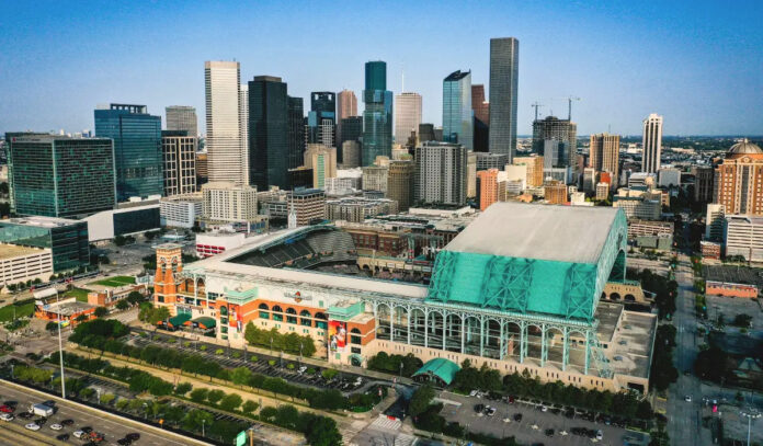 Aerial view of Minute Maid Park with the roof open.