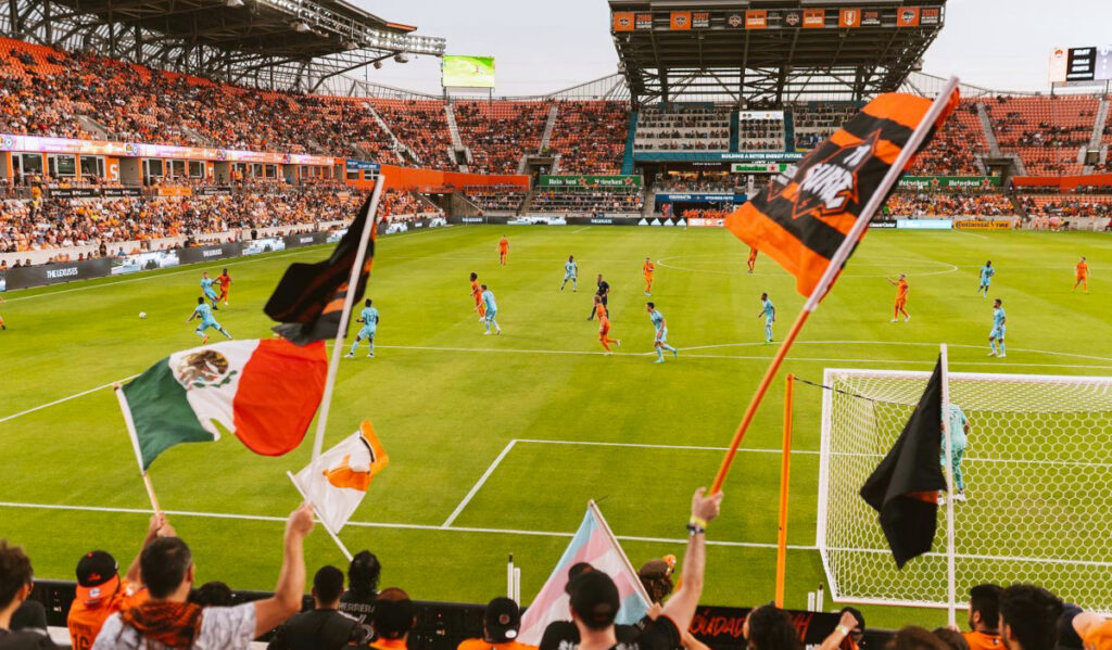 A view of the Dynamo playing on the pitch with fans waving flags