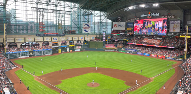 A fan's view from the upper deck behind home plate is shown at