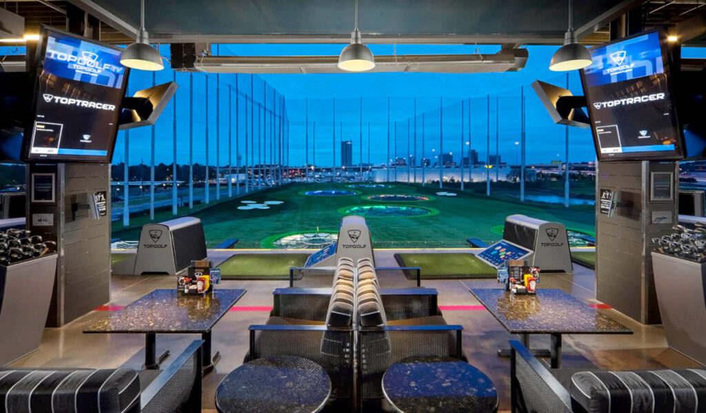 A view from a golf practice bay at Top Golf