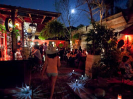 Nighttime on a bar's outdoor patio with people scattered around