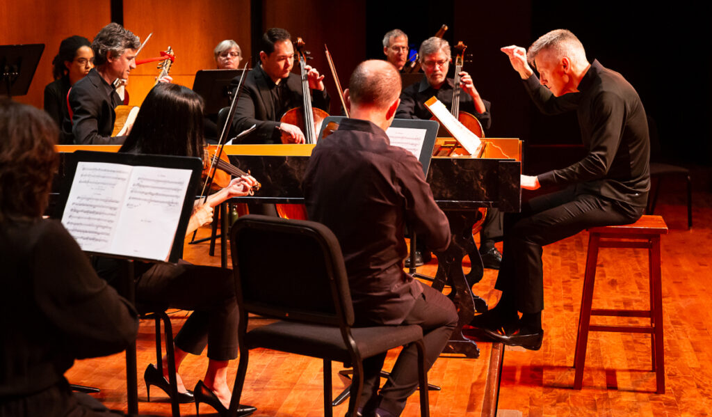 A small chamber ensemble performs on stage