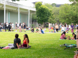 People sitting on blankets on the Menil lawn and walking around