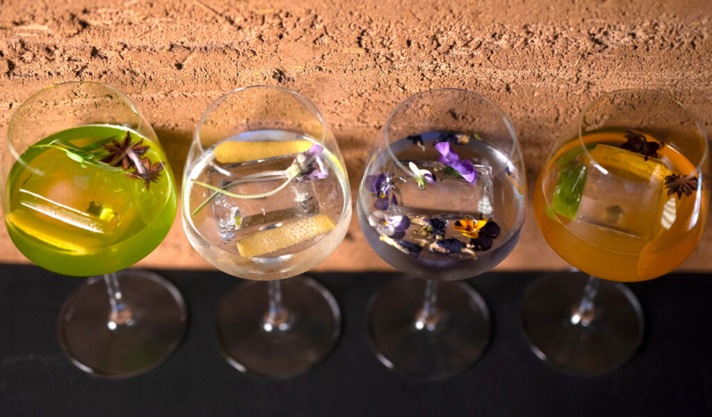 Four cocktails in a row, each a different color and with floral elements inside