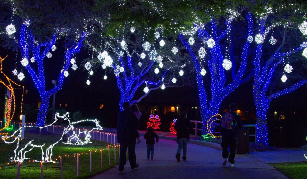 A family walks among trees lit with blue Christmas lights and other holiday decor