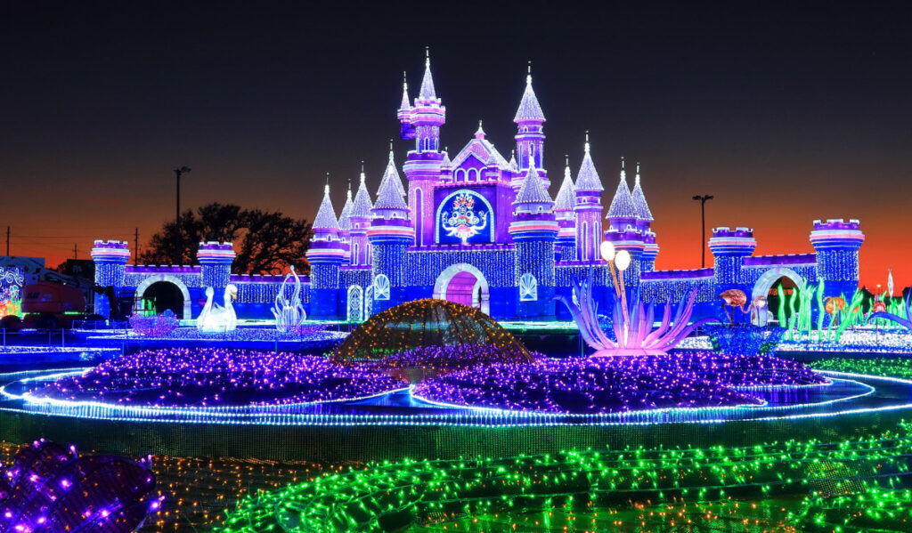 The entrance to Magical Winter Lights, covered in colorful LED lights