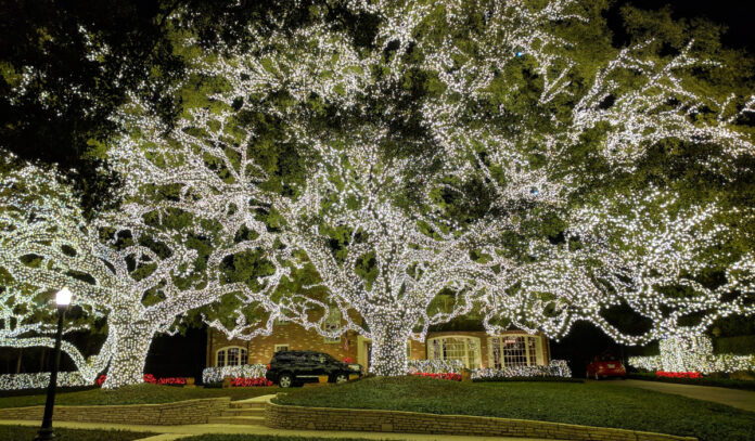 A tree in front of a home is strung with millions of lights