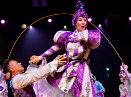 A cirque performer in purple and white costume is hoisted up by another performer