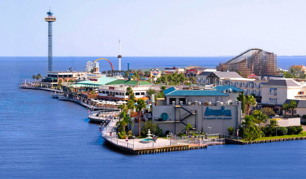 An aerial view of the Kemah Boardwalk amid a large body of water