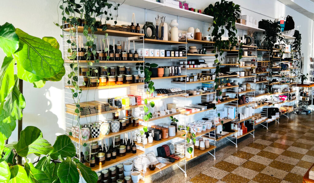 Sun shining on shelving filled with products 