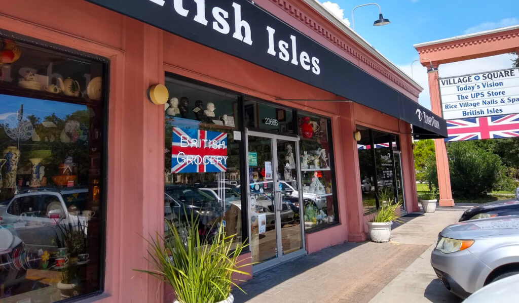 Exterior of British Isles with a UK flag and other items in the window