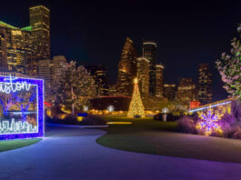 Holiday lighting displays along a path with a Christmas tree and the Downtown Houston skyline