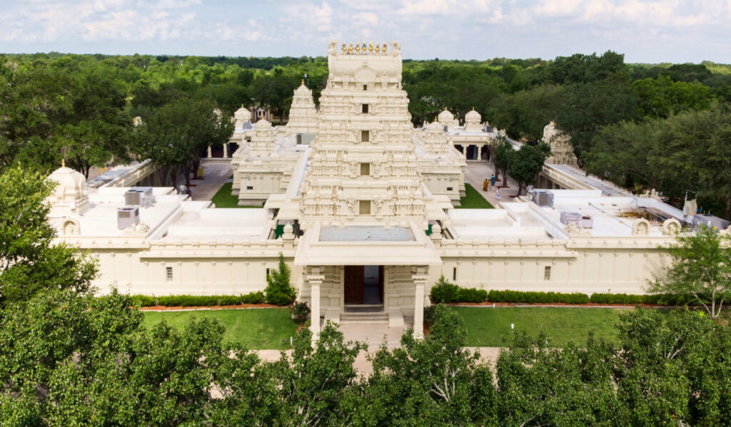 An aerial view of Sri Meenakshi Temple surrounded by trees