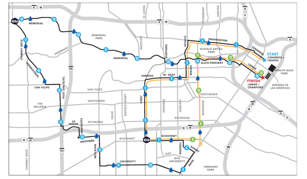 A course map for the Houston marathon and half marathon