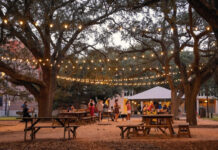 Houston Nightlife: The Best Bars Near Rice University Rows of tables between trees under string lights
