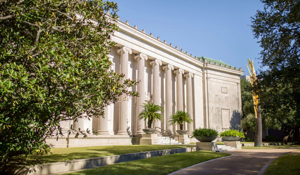 The exterior of the neoclassical Law building on the MFAH campus