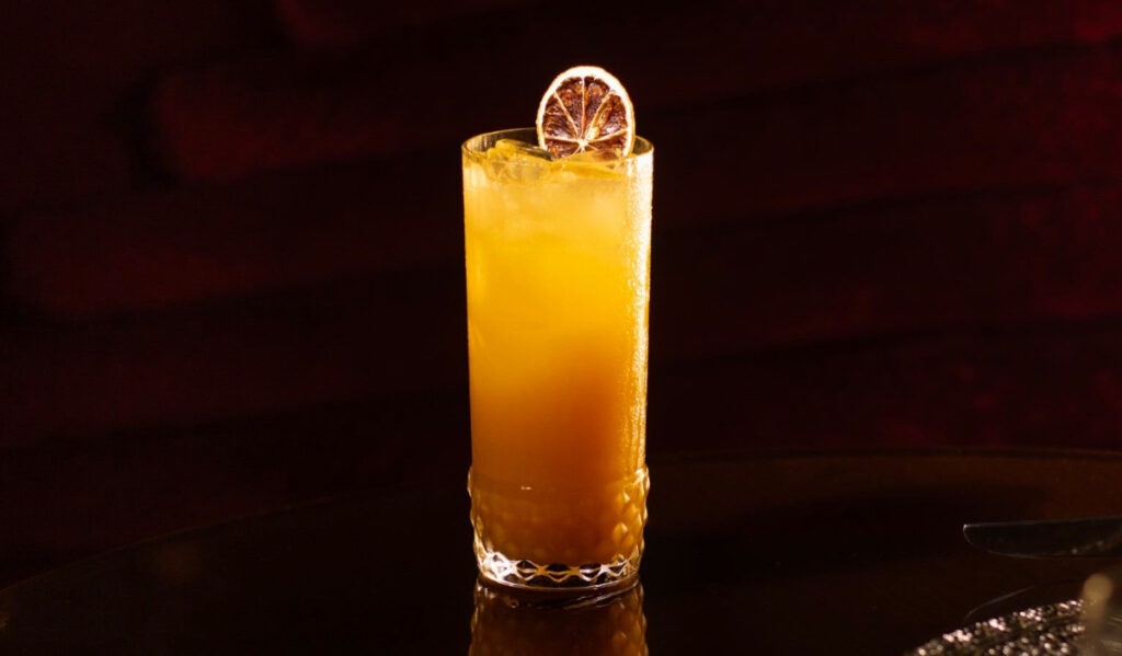 A tall orange cocktail with a dried lemon slice