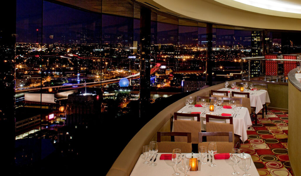 A view from a table overlooking the Downtown Houston skyline